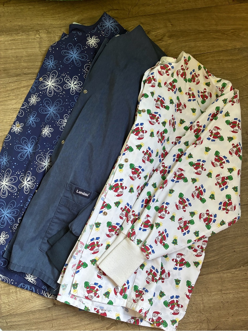 Landau Navy Floral, Solid Blue & White Santa Christmas Scrub jackets
